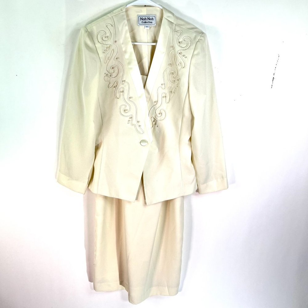 VTG Nah Nah Stunning Occasion Slip Dress Suit Rope & Pearls In Cream Size 8